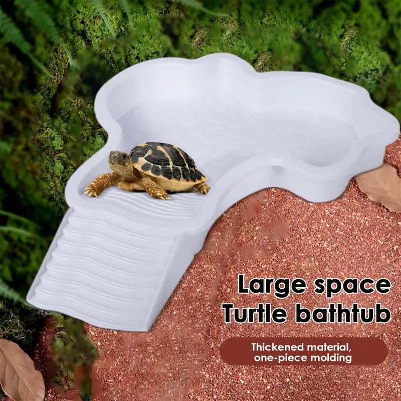 Extra Large Reptile Bathing Pool Reptile Feeding Dish Water Bowl with Ramp Aquarium Ornament for Gecko, Snake, Turtle, Bearded Dragon, Lizard (White) - color: White