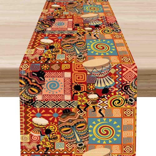 Traditional African Table Runner, Rustic Tribal African Mud Pattern Abstract Ethnic Farmhouse Colorful Coffee Table Center Decor for Home Kitchen Dining Patio Holiday Party, 13"x36" Inch - color: African-5, size: 13x36" Table Runner