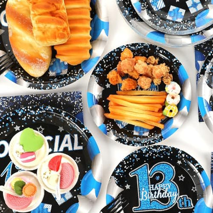 100 Pcs 13th Birthday Decorations for Boys Official Teen 13th Supplies Plates Napkins Forks Set Disposable Blue 13th Birthday Tableware Paper Plates Dinnerware for Kids Teenager Favors Serve 25 - style: 13th Birthday