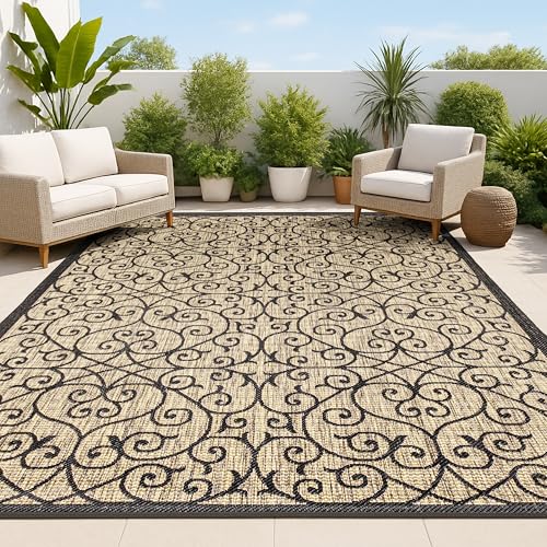 JONATHAN Y Vintage Filigree Indoor Outdoor Area Rug 5X8 Black/Khaki, Madrid Textured Weave for Backyard, Patio, Porch, Easy-Cleaning, High Traffic, Pet-Friendly, Non-Shedding (SMB107A-5) - color: Black/Khaki, size: 5'3" x 7'7" (Rectangular)