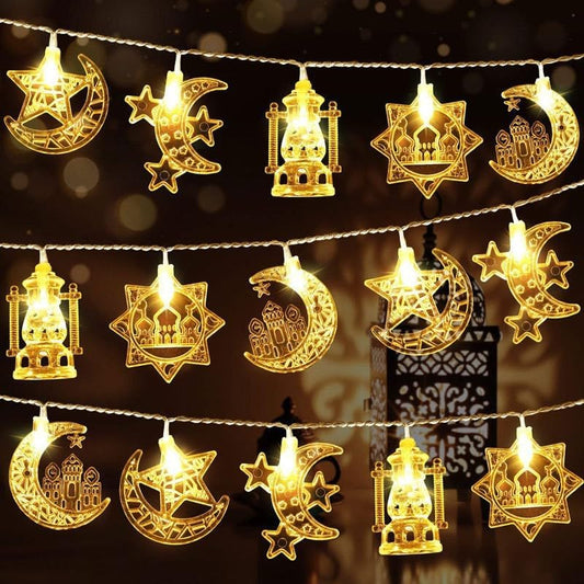Ramadan String Lights 1.5M 10 LED Lights, 5 Unique Islamic Lantern Designs, Warm White Decorative Lights for Eid, Ramadan, Mosque, Home, Window, Door, Party Decoration