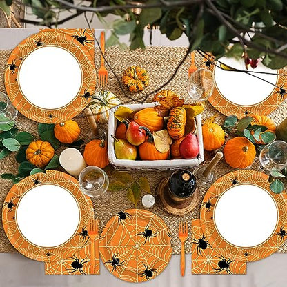 100 Pcs Spiderweb Party Plates and Napkins - Black and White Halloween Tableware Set for 25 Guests - style: Halloween Spider Web