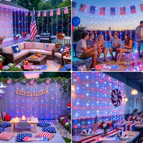 JMEXSUSS 300LED Red White & Blue Curtain Lights for 4th of July, 9.8x9.8ft - color: Red White and Blue, size: 300 LED