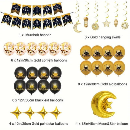 Generic 34 Pcs Eid Mubarak Party Decorations, Eid Mubarak Banner Eid Mubarak Latex Balloons Eid Mubarak Moon Foil Balloon for Eid Mubarak Ramadan Party Supplies,Eid and Ramadan Decorations