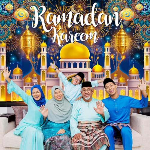 Ramadan Kareem Backdrop Banner Ramadan Mubarak Decorations Backdrop Eid Mubarak Photography Background for Muslim Al Fitr Party Decor Supplies (7x5FT（210x150cm）)