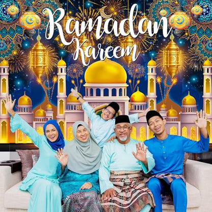 Ramadan Kareem Backdrop Banner Ramadan Mubarak Decorations Backdrop Eid Mubarak Photography Background for Muslim Al Fitr Party Decor Supplies (7x5FT（210x150cm）)