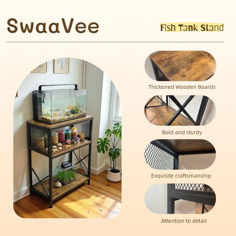 SwaaVee Fish Tank Stand, 10 Gallon Aquarium Stand, 3-Tier Metal Storage Shelf, 20.47"×11.42"×31.69" Heavy Duty Terrarium Stand for Home Office Fish Tank Shelf, Rustic Brown - color: Rustic Brown