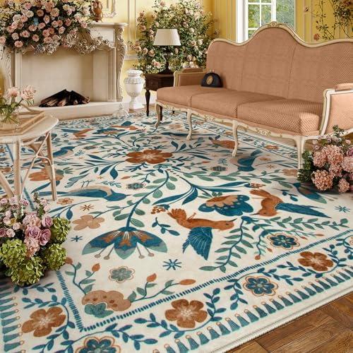 Moynesa Area Rugs 9x12 Retro Home Decor, Modern Bohemian Farmhouse Floral Bird Print Pattern Medallion Carpet for Large Living Room Bedroom Dining Room,Floor Protection Non-Slip Washable - color: Beige, size: 9' x 12' (Rectangular)