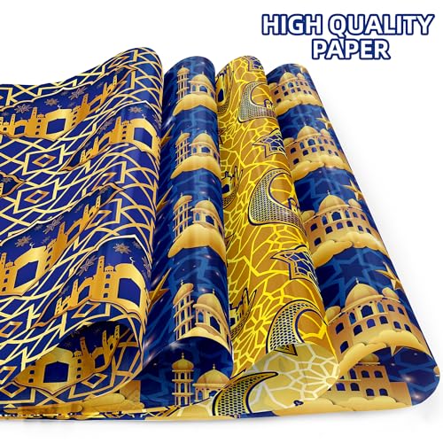 Welpurch 12 Sheets Eid Mubarak Wrapping Paper, 20x27in Moon Star Words Lantern Patterns Gift Wrap Paper Ramadan Kareem Wrapping Paper for Islamic Muslim Party Favor Gift Wrapping Crafts Supplies