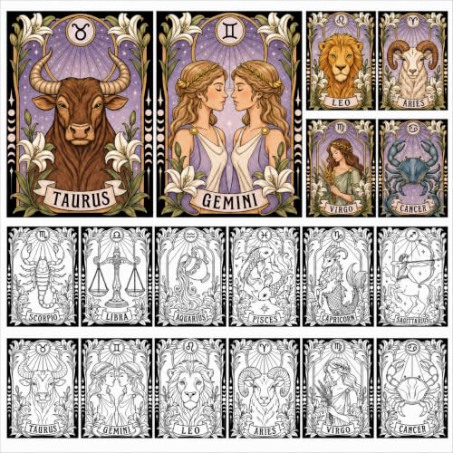 Cinrobiye 48 Pcs Zodiac Velvet Coloring Posters, 12 Astrology Coloring Designs with Raised Outlines, Fuzzy Coloring Pages for Adults Teens, Relaxation Activities, Group Crafts - style: Zodiac