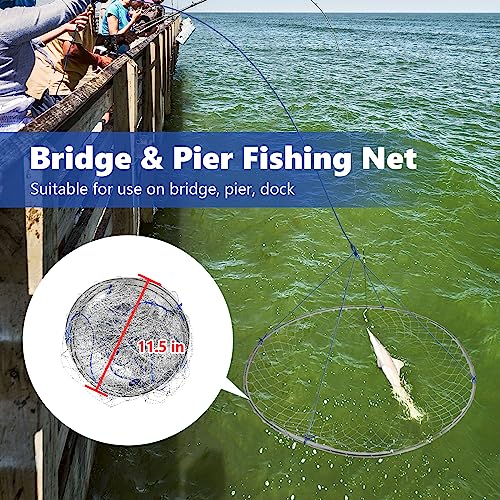 QualyQualy Large Bridge and Pier Fishing Net 32''/39'' Hoop, Foldable Drop Net Pier Fishing for Saltwater with Rope, Landing Net with Nylon Mesh, Collapsible Soft Steel Ring - color: Gray, size: M: 32''×36''