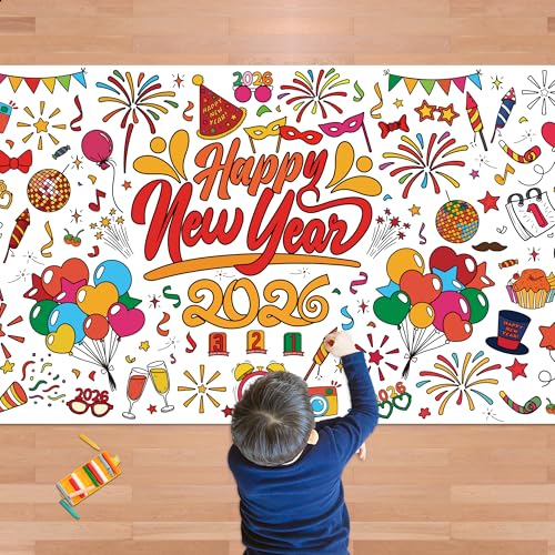 OHOME Happy New Year Giant Coloring Poster/Tablecloth - New Years Decorations 2026 - 30 x 72 Inches Jumbo Coloring Banner Kids Crafts Activities Party Decorations | New Years Eve Party Supplies - style: New Year