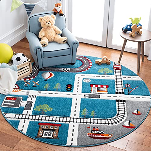 SAFAVIEH Carousel Kids Collection 4' Round Turquoise/Ivory CRK192K Neighborhood Road Non-Shedding Playroom Nursery Bedroom Area Rug - color: Turquoise/Ivory, size: 4' (Round)