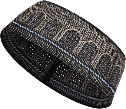 Muslim Prayer Kufi Hat for Men Boys Islamic Beanie Skull Cap Prayer Headwear Embroidery Kofia Topi Sun Hat Ramadan Eid Gift - color: Black-large