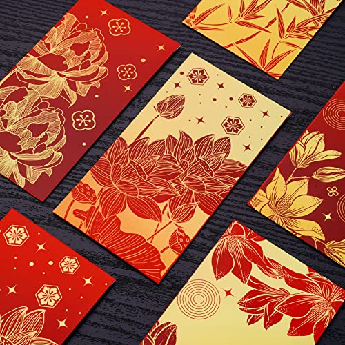 AnyDesign 48 Pcs Chinese New Year Red Envelopes 6 Designs Red Gold Hong Bao Lotus Peony Floral Lucky Money Pocket for Lunar New Year Spring Festival Wedding Birthday Party Supplies, Non-Foil Printing