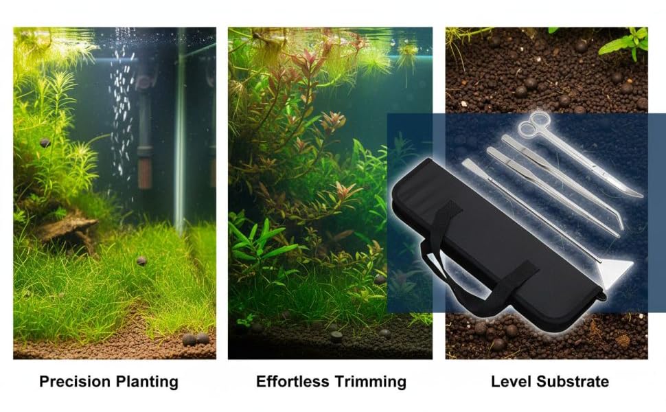 4 Pcs Aquarium Tools, Stainless Steel, for Aquatic Plants and Fish Tank, Includes Tweezers, Scissors, Spatula, Canvas Bag