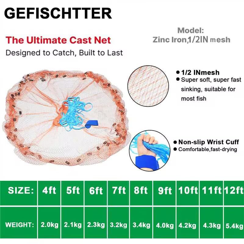 Saltwater Fishing Cast Net Eco-Friendly Rubber Sinker 1/2 Inches Mesh for Bait Shrimp Trap Fish Size 4FT/5FT/6FT/7FT/8FT/9FT/10FT/11FT/12FT Radius - color: red, size: 12ft