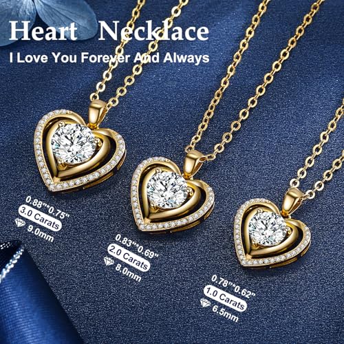 Heart Pendant Gold Necklace for Women Moissanite Lab-Created Gem I Love You Wedding Anniversary Birthday Christmas Valentine Engagements Mothers Day Jewelry for Wife Her Girlfriend Mom Daughter - color: Gold-3CT