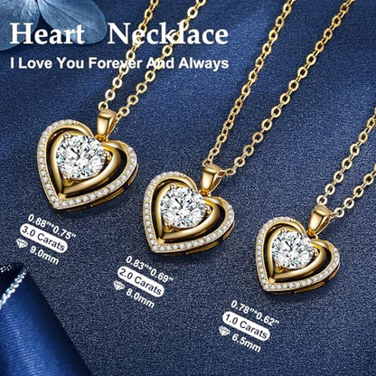 Heart Pendant Gold Necklace for Women Moissanite Lab-Created Gem I Love You Wedding Anniversary Birthday Christmas Valentine Engagements Mothers Day Jewelry for Wife Her Girlfriend Mom Daughter - color: Gold-3CT