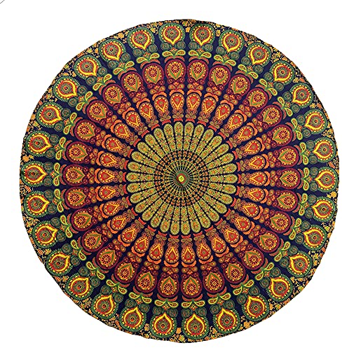 raajsee Yellow Mandala Round Beach Tapestry Hippie/Boho Beach Blanket/Indian Cotton Throw Bohemian Round Table Cloth/Aesthetic Tapestry/Yoga Mat Meditation Picnic Rugs 127 CM / 50 INCHE Circle - color: Yellow, size: 5 feet 10 inches (Round)