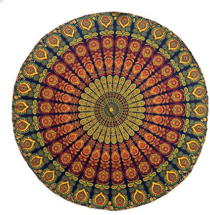 raajsee Yellow Mandala Round Beach Tapestry Hippie/Boho Beach Blanket/Indian Cotton Throw Bohemian Round Table Cloth/Aesthetic Tapestry/Yoga Mat Meditation Picnic Rugs 127 CM / 50 INCHE Circle - color: Yellow, size: 5 feet 10 inches (Round)