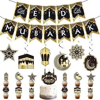 Eid Mubarak Decorations Set - Black and Gold Ramadan Party Supplies including Banner, Balloons for Muslim Islamic Eid Al-Fitr Home Wall Decor (gold) (Black & Gold)