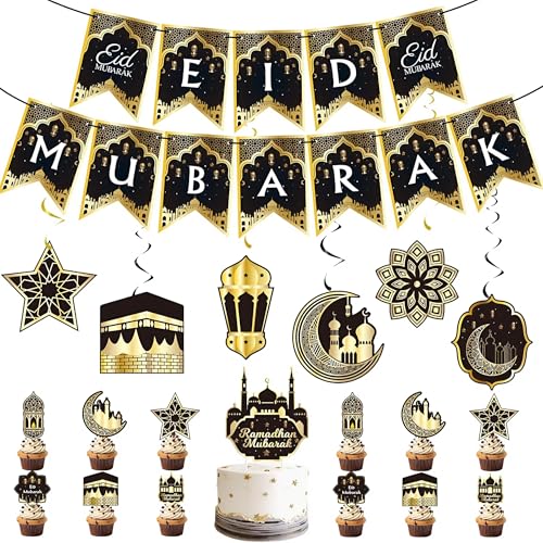 Eid Mubarak Decorations Set - Black and Gold Ramadan Party Supplies including Banner, Balloons for Muslim Islamic Eid Al-Fitr Home Wall Decor (gold) (Black & Gold)