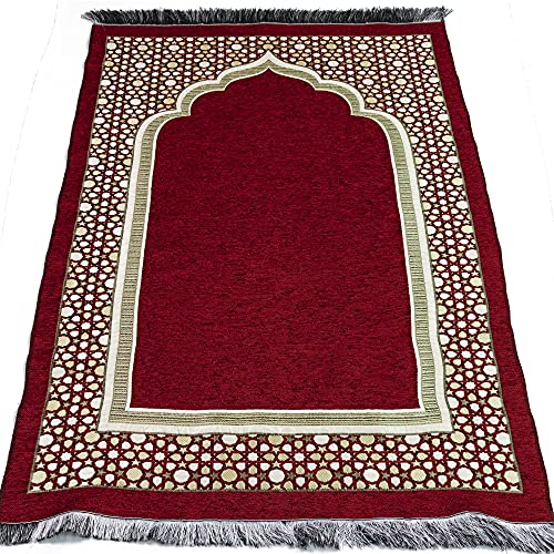 Modefa Turkish Islamic Prayer Mat - Thin Woven Chenille Sajjadah - Intricate Praying Rug Ramadan Eid Gift - Traditional Muslim Janamaz Sajada for Men Women - Geometric Selcuk Star (Red) - color: Red