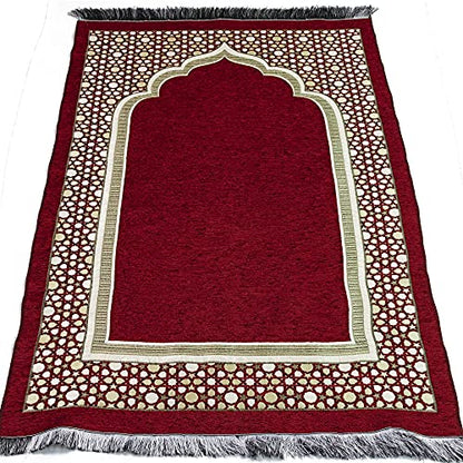 Modefa Turkish Islamic Prayer Mat - Thin Woven Chenille Sajjadah - Intricate Praying Rug Ramadan Eid Gift - Traditional Muslim Janamaz Sajada for Men Women - Geometric Selcuk Star (Red) - color: Red