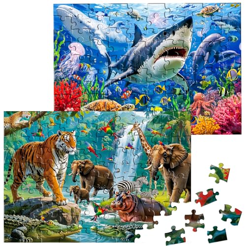 Sitodier Puzzles for Kids Ages 3 4 5 6, 2 Pack 100 Pieces Jigsaw Puzzles for Kids 3-5 4-6 (Forest Animals and Ocean Life), Learning & Educational Games Beautiful Xmas Birthday Gifts for Kid 3-8 - style: 2 Packs 100 Pieces Puzzles