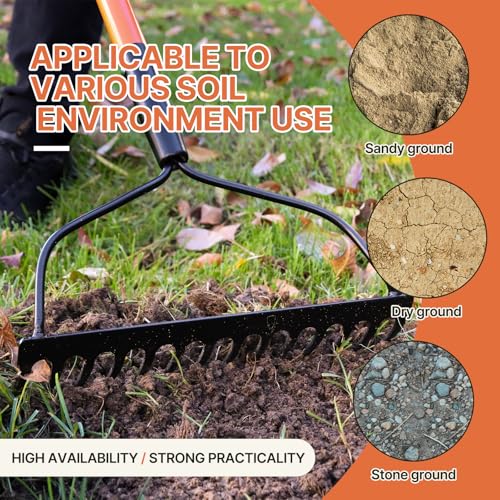 KOLEIYA 57" Heavy Duty Garden Rake – 14-Tine Bow Rake with Fiberglass Handle, for Soil Leveling, Mulch Spreading, Lawn Care & Debris Cleanup