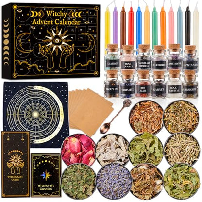 Witchy Advent Calendar 2025 Adult Teens, 25 Day Countdown to Calendar Witchcraft Supplies Crystal Candle Amethyst Altar Witch Gift Wiccan Starter Kit