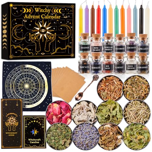 Witchy Advent Calendar 2025 Adult Teens, 25 Day Countdown to Calendar Witchcraft Supplies Crystal Candle Amethyst Altar Witch Gift Wiccan Starter Kit