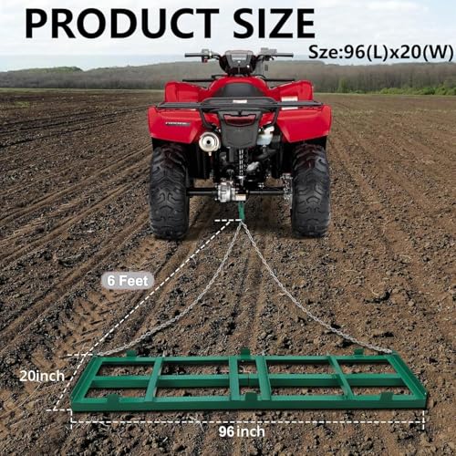 Heavy Duty Square Drag Harrow Driveway Grader - 96 Inch Tow Behind Landscape Rake for ATV, UTV, Tractor - Adjustable Lawn Leveling Tool for Gravel, Soil, Sand and Pasture Maintenance，Green
