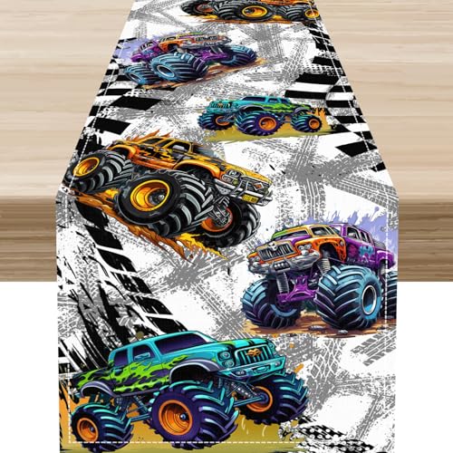 Monster Truck Table Runner,Grey Pattern with Colorful Trucks Black White Plaid Decor for Kids Party Dinner Festival Farmhouse Holiday Dining Room, 13"x36" - color: Car-5, size: 13"X36"