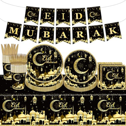 98PCS Eid Mubarak Party Supplies Black and Gold Ramadan Tableware Set Ramadan Mubarak Paper Plates and Napkins Eid Mubarak Party Decorations Eid Al-fitr Party Disposable Dinnerware Set for 16 Guests - style: Eid Mubarak