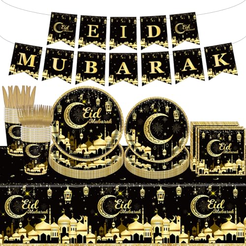 98PCS Eid Mubarak Party Supplies Black and Gold Ramadan Tableware Set Ramadan Mubarak Paper Plates and Napkins Eid Mubarak Party Decorations Eid Al-fitr Party Disposable Dinnerware Set for 16 Guests - style: Eid Mubarak