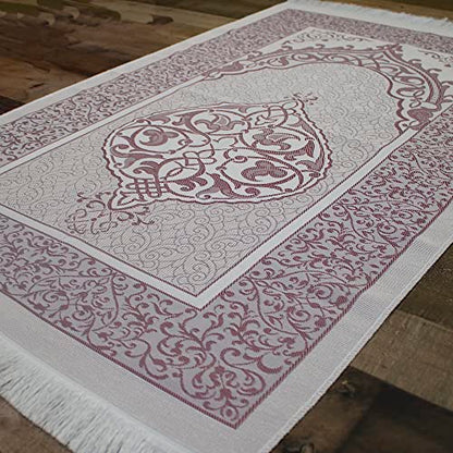 Modefa Muslim Woven Chenille Prayer Rug, Ottoman White/Blue + White/Pink | Thin Chenille and Taffeta Turkish Intricate Metallic Ottoman Salah Mat - color: White/Blue + White/Pink
