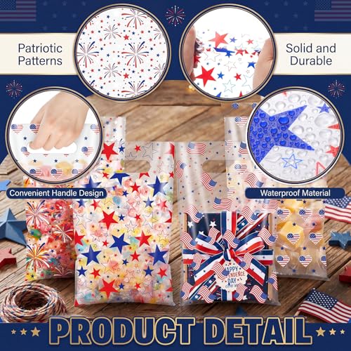 Geyoga 100 Pcs 4th of July Party Favor Bags Bulk 10 x 6 Patriotic Gift Bags with Handles Red White Blue Treat Bag 250th Anniversary Plastic USA Flag Candy Bag for Independence Day Party Supplies - style: Fourth of July