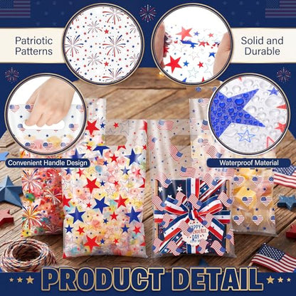 Geyoga 100 Pcs 4th of July Party Favor Bags Bulk 10 x 6 Patriotic Gift Bags with Handles Red White Blue Treat Bag 250th Anniversary Plastic USA Flag Candy Bag for Independence Day Party Supplies - style: Fourth of July