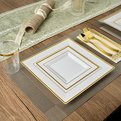 FOCUSLINE 175 Count Gold Dinnerware Set for 25 Guests - Square Plastic Plates with Gold Rim, Includes 25 Disposable Dinner & Dessert Plates, Napkins, Cups, Cutlery Set for Wedding Parties - color: Gold Rim Square Plates