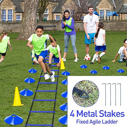 Speed & Agility Ladder Training Equipment Set, Includes 12 Rung 20ft Agility Ladder, 4 Agility Hurdles,12 Disc Cones, 1 Resistance Parachute for Training Football Soccer Basketball Athletes - color: blue
