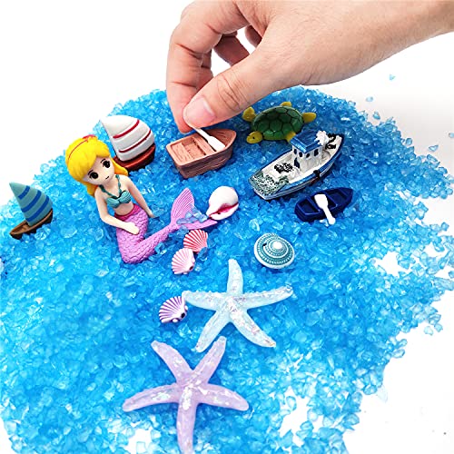 21 Pieces Miniature Garden Accessories, Blue Sand and Miniature Mermaid Dolphin Boat Steamship Figurines Decorations, Micro Beach Ocean Seaside Scene DIY Decor Kit