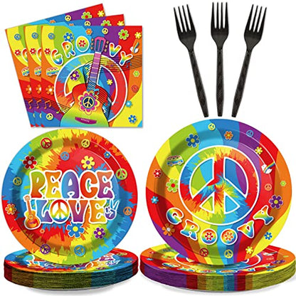 96 PCS 60’s Party Hippie Tableware Set Groovy Plates Napkins 60s Hippie Themed Decorations Peace Love Tie Dye Style 70s Disposable Paper Tableware Birthday Party Supplies Favor for 24 Guests - style: 60s Hippie