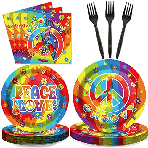 96 PCS 60’s Party Hippie Tableware Set Groovy Plates Napkins 60s Hippie Themed Decorations Peace Love Tie Dye Style 70s Disposable Paper Tableware Birthday Party Supplies Favor for 24 Guests - style: 60s Hippie
