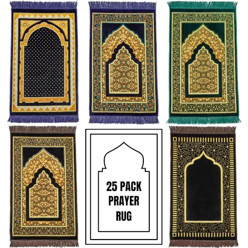 Muslim Prayer Rug, 25 Pcs, Soft Plush Thin Islamic Prayer Mat, Janamaz, Sajada, Praying Carpet, Islamic Gift for Men & Women, Islamic Ma, Eid & Ramadan Gift with Prayer Beads, 26x43 inch - color: Kaaba / 25 Mix