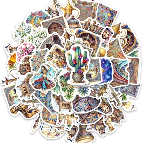 50Pcs Middle Eastern Islamic Stickers, Vintage Arabic Moroccan Persian Aesthetic Decals, Exotic Cultural Decor Stickers for Journal Scrapbook Laptop Water Bottle, Waterproof Vinyl Sticker Pack