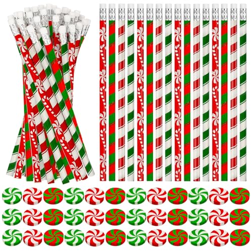 Cinrobiye 100 Pieces Christmas Pencils and Candy Cane Eraser Bulk,Xmas Stationery Pencil Christmas Eraser for Holiday School Party Favors Stocking Stuffers Classrooms Student Rewards Teacher Supplies - style: Mixed