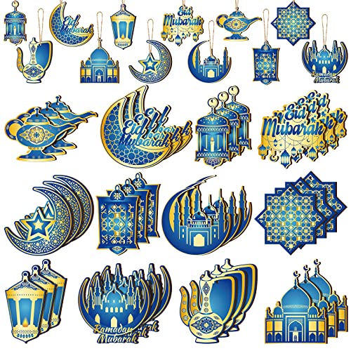 Patelai 36 Pcs Ramadan Ornaments for Tree Wooden Eid Mubarak Tree Decoration Blue and Gold Castle Lantern Star Islamic Hanging Decor Moon with Rope for Home Decor Party - style: Moon