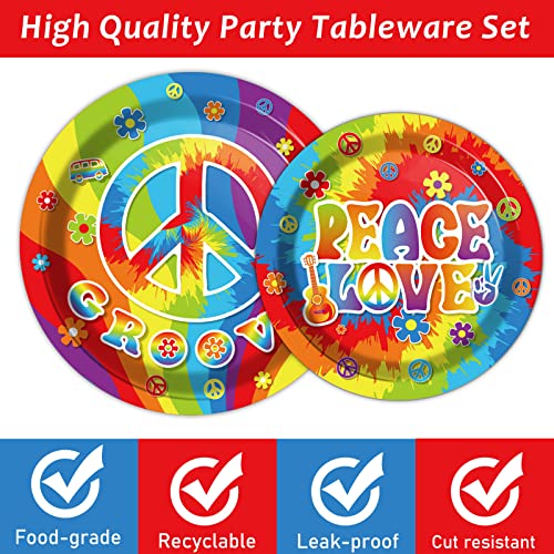 96 PCS 60’s Party Hippie Tableware Set Groovy Plates Napkins 60s Hippie Themed Decorations Peace Love Tie Dye Style 70s Disposable Paper Tableware Birthday Party Supplies Favor for 24 Guests - style: 60s Hippie
